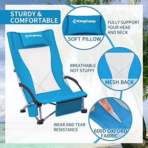 KingCamp Folding Beach Chair High Back Lightweight Portable Backpack Chair with Headrest, Cup Holder for Camping Outdoor Sand Concert Lawn Festival Sports, Blue - color: Blue-high Back