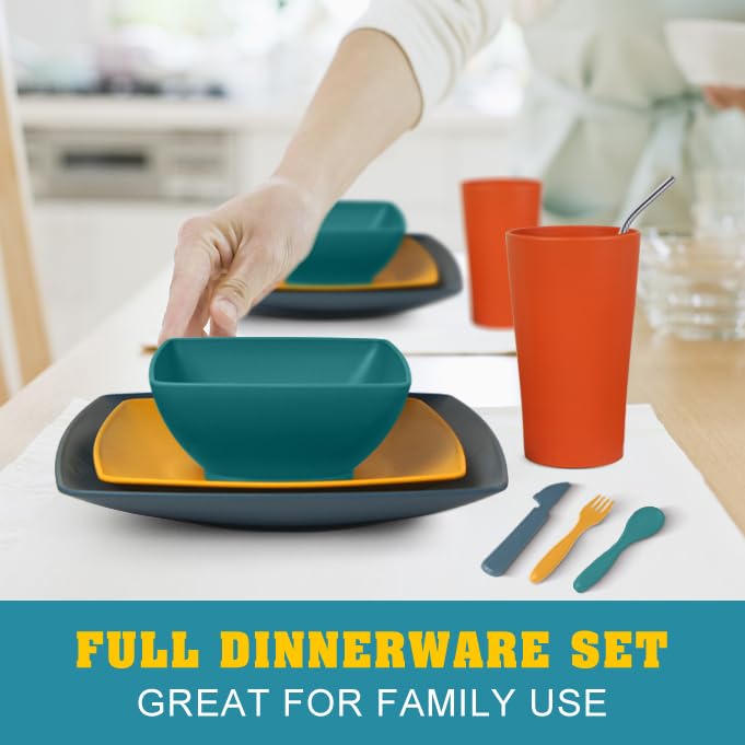 Teivio 88-Piece Kitchen Plastic Wheat Straw Square Dinnerware Sets for 8, Dinner/Salad/Tidbit Plates, Fruit/Snack Bowls, Cups, Flatware, Dishwasher Safe, Unbreakable Outdoor RV Dishes, Fall Multicolor - color: Fall Multicolor