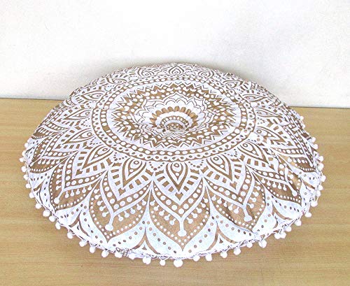 CRAFT KALA 32 Inch Meditation Floor Pillow Cover Round Pillow Seating Hippie Decorative Adults Bohemian Mandala Cushion Cover Outdoor Living Room Throw Ottoman Poufs Cover (White Gold Ombre) - color: White Gold Ombre