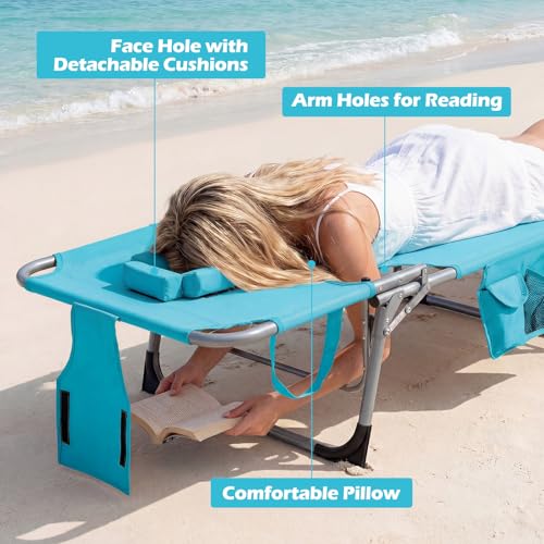 COSTWAY Tanning Chair with Face Hole, Folding Beach Lounge Chair with 4-Position Adjustable Backrest, Pillow & Side Pocket, Foldable Chaise Lounge Chair Outdoor for Sunbathing, Camping (1, Turquoise) - color: Turquoise