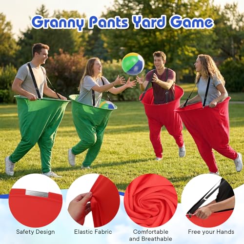 2 Pcs Granny Pants Yard Game with Suspenders, 16 Bouncy Balls & 2 Pumps - Hilarious Outdoor Party Game for Adults, Kids, Family Reunions & Field Days