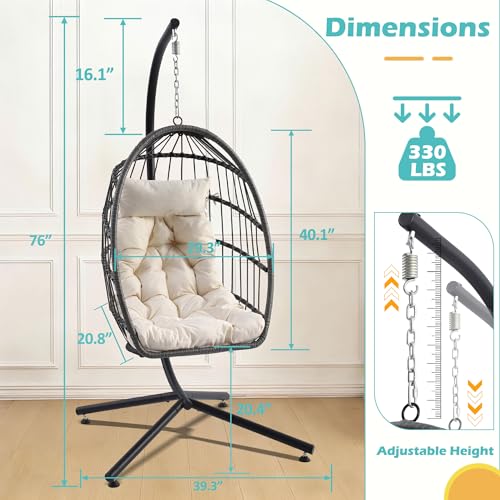 Outdoor Hanging Egg Chair with Stand & Oversized Cushion, 350LBS Capacity Heavy-Duty Patio Swing Hammock Chair, Thickened Metal Frame for Garden, Balcony, Bedroom (Beige, Solo) - color: Beige, size: Solo