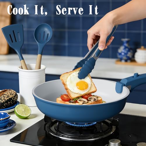 Umite Chef Pots and Pans Set Non Stick, 21 pcs Ceramic Cookware Set with Detachable Handles, Healthy Induction Cookware Oven Safe RV Kitchen Cooking Set with Utensils, PFAS PFOA & PTFE Free, Navy - color: Navy