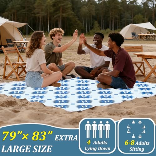Beach Blanket Waterproof Sandproof Beach Mat 79" X 83" for 2-8 Adults, Sand Free Mat Quick Drying for Travel, Camping, Hiking with 4 Stakes & 4 Corner Pockets (Ethnic Pattern) - color: Ethnic Pattern