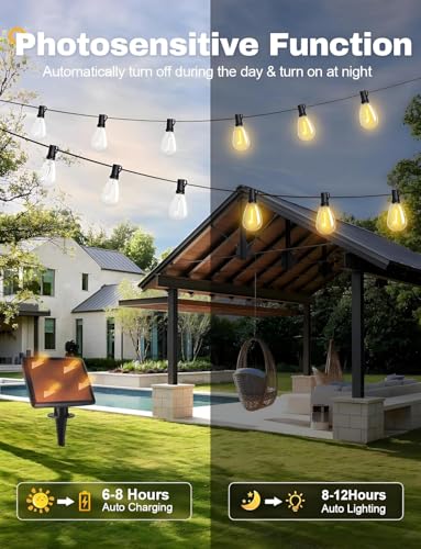 Tenmiro 60FT Solar String Lights Outdoor with Remote and 16+2 LED Shatterproof Bulbs Dimmable & Timing 3 Light Modes Solar Patio String Lights for Cafe, Garden, Deck, Outside Wedding Last for 10+Hrs - size: Solar 60FT