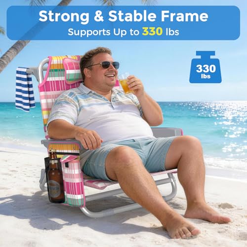 5-Position Backpack Beach Chair for Adults with Lumbar, Foldable Tall Heavy-Duty Beach Chairs with Cooler Bag,Cup Holder,Towel Rack for Beach, Camping, Outdoor (2, Rainbow Pink) - color: Rainbow Pink, size: 2 pack