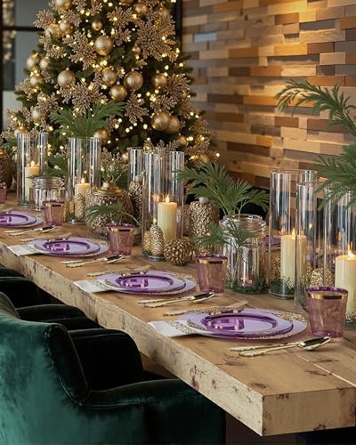 Nervure 350PCS Purple Plastic Plates - Purple Plastic Dinnerware Sets for 50 Guests - 100 Disposable Plates, 150 Gold Silverware, 50 Cups, 50 Napkins for Wedding & Party - color: Purple