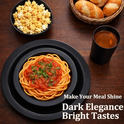 WRINGKIT 16 Pieces Plastic Dinnerware Set for 4, Unbreakable Plates and Bowls, Lightweight Black Plates Bowls with Cups, Reusable Dishes Set for Camping, Kitchen, Dorm, Dishwasher Microwave Safe