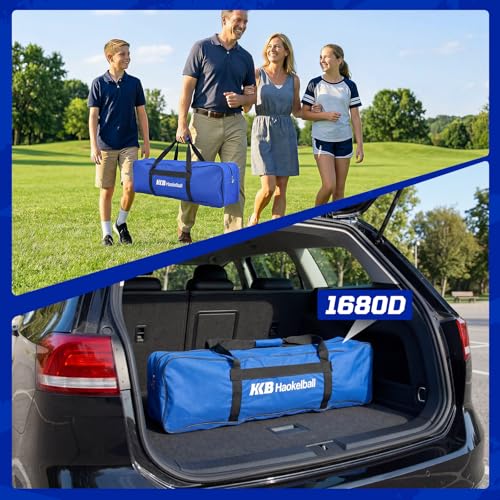 Haokelball Outdoor Volleyball Net Set for Backyard, 32FT Regulation, 3-Level Adjustable Height & Anti-Sag Tension System, Heavy Duty Thick Poles, Includes Volleyball, Pump, Boundary Line and Carry Bag - color: A-Blue