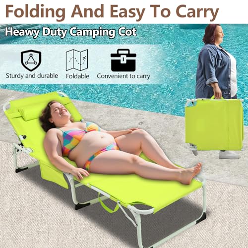 3-in-1 Heavy Duty Tanning Chair with Face Hole Adjustable 5-Position Folding Chaise Lounge Chairs Portable Lay Flat Beach Lounge Chair for Outdoor Sunbathing Patio Pool Lawn Camping Deck (Green) - color: Yellow