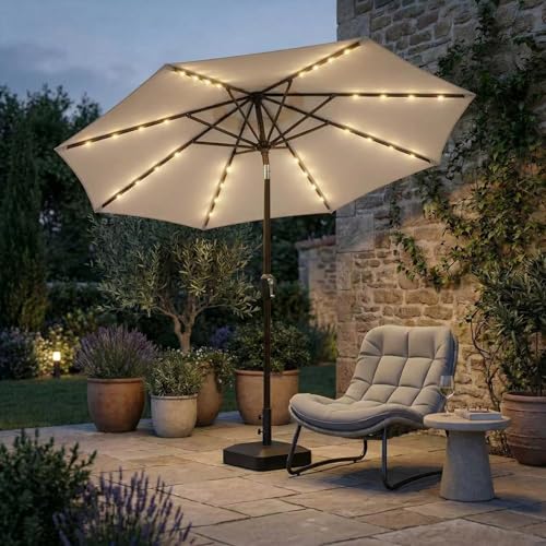 Kingdura 9FT Outdoor Patio Umbrella with Solar Lights, Market Table Umbrella with Push Button Tilt & Crank, 8 Sturdy Ribs, 32 LED Lights, UV Protection for Garden Lawn Deck Backyard Pool (Beige) - color: Beige-LED, size: 9 Ft