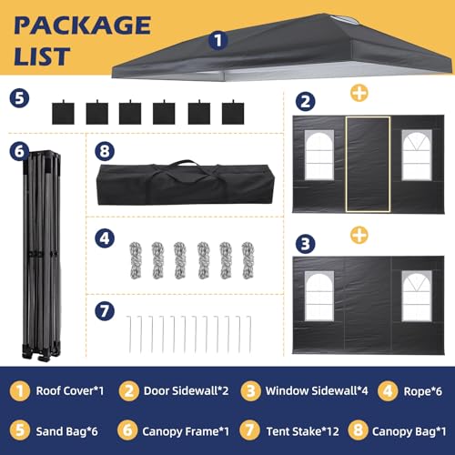 EROMMY 10x20 Heavy Duty Pop Up Canopy Tent with 6 Removable Sidewalls, Waterproof UV50+ Gazebo with Mosquito Netting, Easy Setup Instant Shelter for Backyard, Party, Wedding & Commercial Use, Black - color: Black, size: 10’x 20’