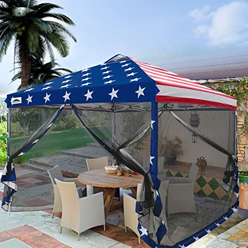 EAGLE PEAK 10x10 Outdoor Easy Pop up Canopy with Netting, Instant Screen Party Tent with Mesh Side Walls, American Flag - color: American Flag