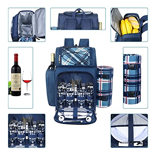 Hap Tim Picnic Backpack for 4 Person with Blanket, Insulated Leakproof Cooler Compartment, Wine Holder, Cutlery Set, Gifts Ideals for Wedding, Housewarming, White Elephant, Bridal Showers(36079-BL) - color: Blue, size: 4 Person