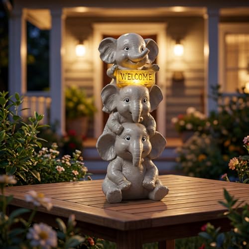 Lyeasw Solar Elephant Garden Statue with Lighted Welcome Sign, Outdoor Decor for Patio Porch Yard, Cute Elephant Family Figurine for Garden, Gift for Mom Grandma Garden Lovers - color: A Family of Three Elephants
