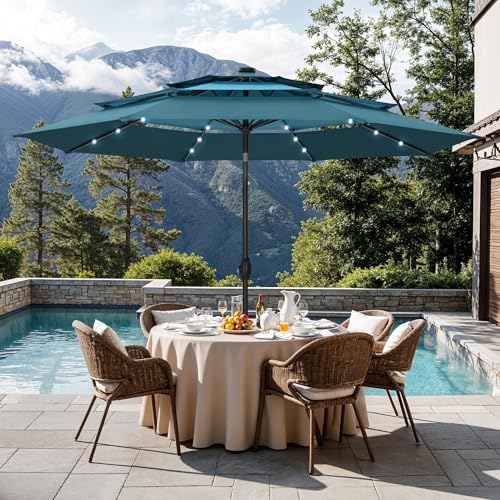 Sophia & William 10ft Patio Umbrellas 3-Tier Umbrella Outdoor Patio Umbrellas with Lights Vented Top 24 LED lights Adjustable Tilt for Pool Garden Backyard, Mixed Peacock - color: Mixed Peacock