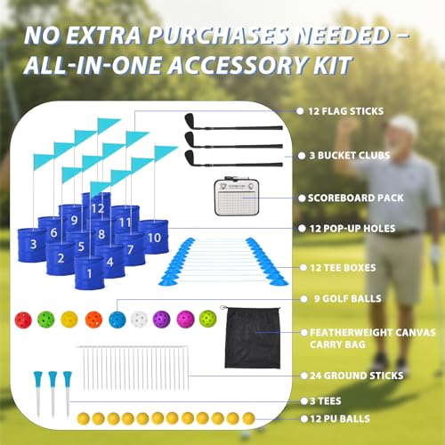 Bucket Yard Golf Game with Clubs 9 Hole Set Portable Low Tide Golf Game for Beach Backyard Lawn with 2 Golf Outdoor Indoor Golf Chipping Games for Adults Family Club Party (Blue, 12 Bucket) - color: Blue, size: 12 Bucket