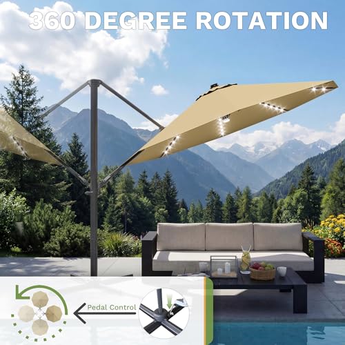 Patiowell 10 FT Patio Umbrella with Solar LED Light, Outdoor Cantilever Umbrella with 360 Degree Rotation, Outside Large Round Sun Umbrella with Frame for Backyard Garden Poolside, Beige - color: Beige with Light, size: 10 FT