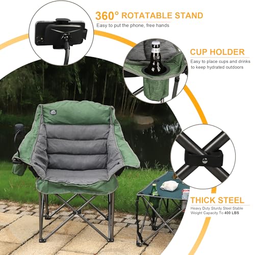 Oversized XL Folding Camping Chair,Heavy Duty Support 400Lbs,Large Comfy Padded Camp Chair for Adults,Lawn Arm Chair w/Cup Holder,Phone Holder,Carry Bag Perfect for Outdoor (Green) - color: Light Green