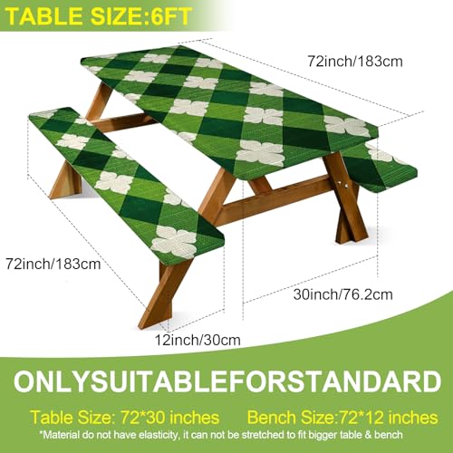 ANNA QUEEN St. Patrick’s Day 6FT Picnic Table Cover with Bench Covers Set of 3 with Drawstring Bag, Green Plaid Clover 72"x30" Waterproof Picnic Tablecloth & Bench Covers - color: #63