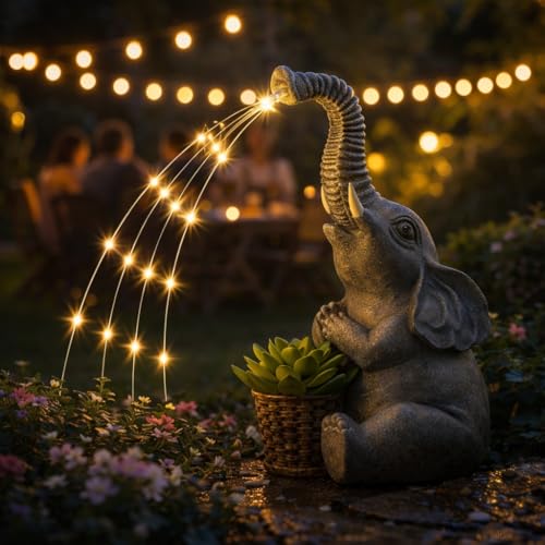 Lyeasw Solar Garden Decor Elephant Statues – Birthday Gifts for Women Mom, Water‑Resistant Watering Elephant Outdoor Decor for Patio, Yard & Porch with Auto On/Off Light, Praying Elephant Ornament - color: Elephant