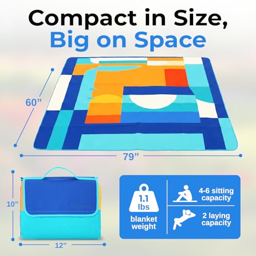 scuddles Extra Large Picnic Blanket – 60" x 80" Waterproof Outdoor Mat with Soft 3-Layer Comfort, Cozy Fleece Top, Foldable Design & Carry Strap for Beach, Camping, Parks & Hiking - color: Blue