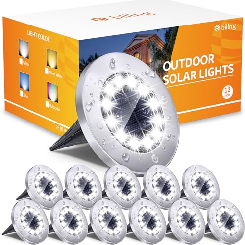 Biling Solar Outdoor Lights 12 Pack, Bright 12 LEDs Solar Ground Lights Waterproof, Flat Landscape Lighting Solar Powered for Yard Walkway Pathway Garden Driveway (White) - color: White, size: 12 Pack