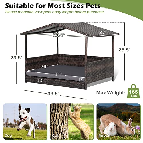 Tangkula Wicker Dog House, Indoor Outdoor Raised Rattan Dog Bed w/Removable Cushion, Washable Cover, Weatherproof Roof, Rattan Puppy Shelter w/Elevated Floor for Small Medium Dogs (Grey) - style: Grey