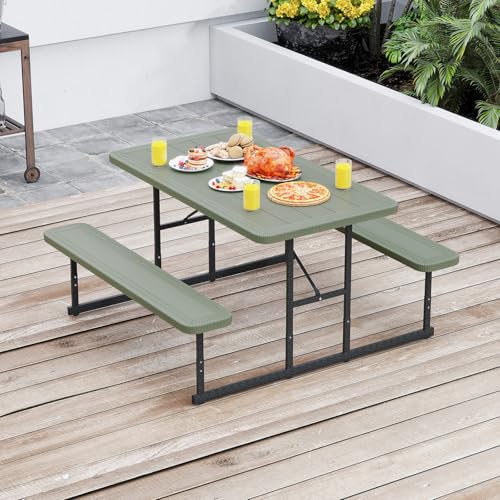 LDAILY Picnic Tables with Benches, Rectangular Dining Table Set for Outside 4 People, HDPE Tabletop, Metal Frame, Umbrella Hole, Heavy Duty Picnic Table for Outdoors, Patio, Lawn, Commercial (Green) - color: Green