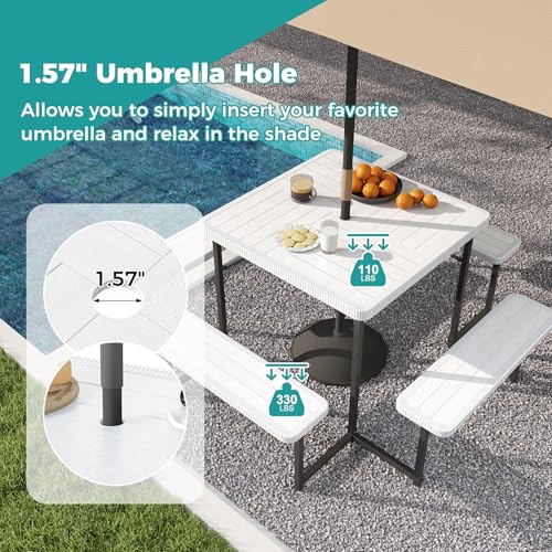 Giantex Picnic Table Bench Set for 4-8 People, 34" Outdoor Square Dining Table & 2 Benches w/Umbrella Hole, HDPE Tabletop, Metal Frame, Patio Camping Furniture for Backyard Porch Lawn (White,Square) - color: White, size: Square-34"x34"x30"
