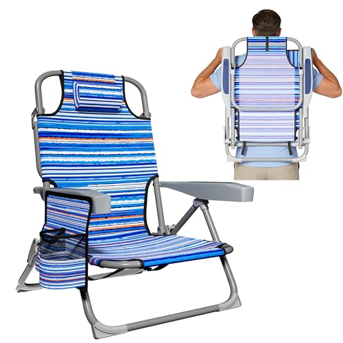 DIAMONDFORGE Lightweight Portable Beach Chair for Adults, 350 LBS Capacity Backpack Beach Chair, Reclining Beach Chair with 5-Position Lay Flat, Large Cup Holder for Beach Camping Sports, 1 Pack - color: Orange Blue, size: Oversized