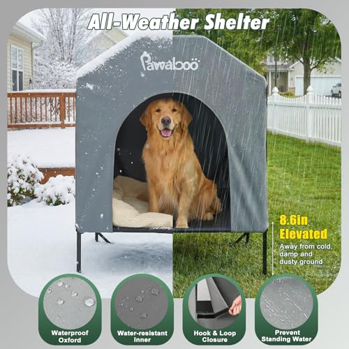 Pawaboo 47'' XL Dog House Outdoor for Medium Large Breeds, Weatherproof Large Dog Shelter, Elevated Dogs Bed & Breathable Mesh Windows, Larges Dogs Houses Outdoor/Indoor for All Seasons, Grey