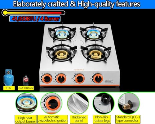 Horynar Propane Stove 4 Burner,Gas Stove Auto Ignition, 41,000 BTU Propane Burner Thickened Stainless Steel,Very Sturdy, Easy to Clean, LPG for Outdoor Cooking, RV, Emergency