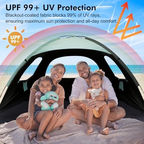 WhiteFang Beach Tent Anti-UV Portable Sun Shade Shelter for 3/4/6/8 Person, Extendable Floor with 3 Ventilating Mesh Windows Plus Carrying Bag, Stakes and Guy Lines - color: Blackout Shelter-Mint Green, size: 4 Person