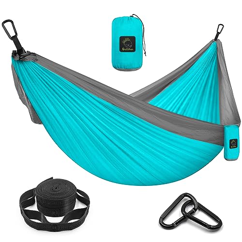 Grassman Camping Hammock Double & Single Portable Hammock with Tree Straps, Lightweight Nylon Parachute Hammocks Camping Accessories Gear for Indoor Outdoor Backpacking, Travel, Hiking, Beach - color: Sky Blue & Grey, size: One Person