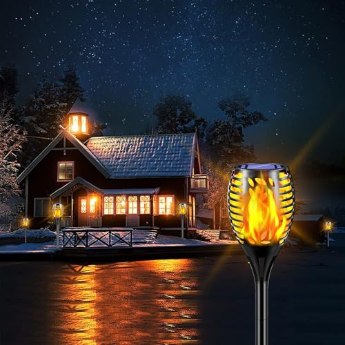 TomCare 6 Pack Outdoor Flickering Flames Torch Decorative Garden Lights Solar Powered Waterproof Lighting for Garden Patio Yard Landscape - color: Black, size: Medium - 6 Pack