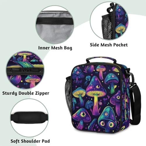 Mushroom Lunch Box for Kids Insulated Cooler Bag with Side Pocket Reusable Leakproof Lunchbox Tote for Work School Picnic Travel - color: Mushrooms