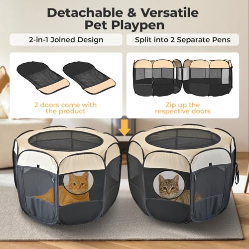 2-in-1 Pop Up Cat Playpen, Detachable into 2 Separate Pens, Assembly-Free Portable Puppy House Collapsible Dog Crates Pet Pen Tent Kennel Kitten Enclosure Cage Indoor Outdoor Foldable(S) - color: Beige, size: S, 55.2"L x 27.6"W x 17"H