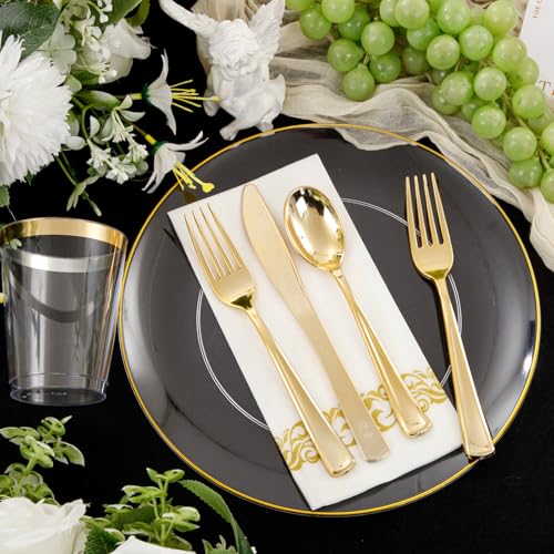 Supernal 350PCS Clear and Gold Plastic Dinnerware Set Include Clear Disposable Plates, Gold Plastic Silverware Heavy Duty, Cups and Napkins for Birthday, Weddings, Parties - color: 350pcs Clear Plastic Plates with Gold Rim
