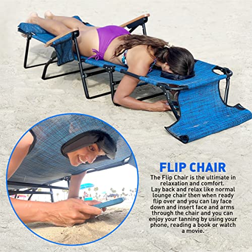 EASYGO PRODUCTS FLIP Face Down Tanning Chaise Lounge Chair with Face & Arm Holes - 4 Legs Support - Textilene Material - 6 Position - Arm Head Rest Pillow - Beach or Home Use - color: Flip Blue