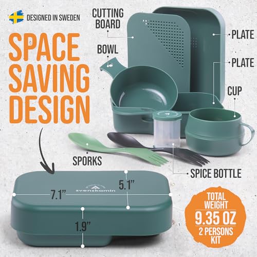 Camping Mess Kit with Plate, Bowl, Cup, Spork and Utensils, Reusable Plastic Camping Dinnerware Set, Lightweight BPA Free Dishware for Backpacking, Hiking, Picnic, Travel, Outdoor - size: 2 Person Kit