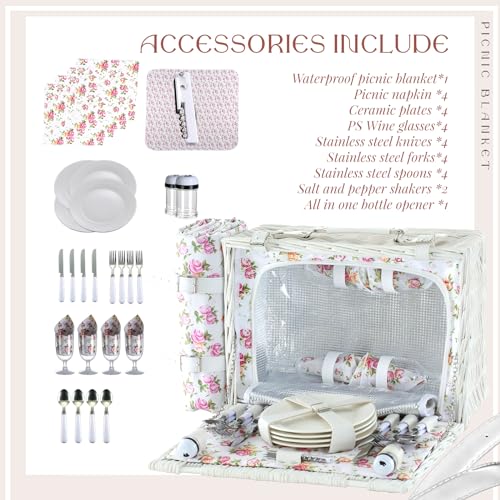 Picnic Basket Set for 4 with Waterproof Blanket Mat Insulation Bag Wicker Pink White Floral Classic Fresh Gift for Christmas Thanksgiving Wedding Birthday Camp Outdoor Beach Travel - color: White Floral