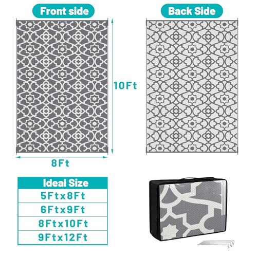 HEBE Outdoor Rug Waterproof 8x10, Plastic Straw Rug Camping Rug, Reversible Outdoor Patio Rugs RV Mat Clearance, Indoor Outside Floor Carpet for Porch,Deck,Camper,Balcony,Backyard - color: Grey, size: 8' x 10' (Rectangular)