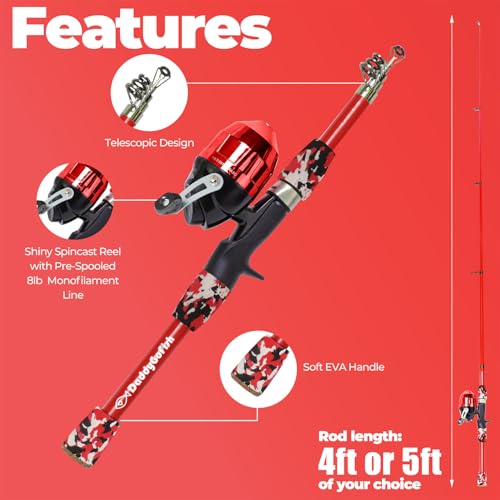 DaddyGoFish Kids Fishing Pole - Rod Reel Combo Tackle Box Starter Set - First Year Small Gear Kit for Boys Girls Toddler Youth Age Beginner Little Children - color: Red (Essential Set), size: 5ft