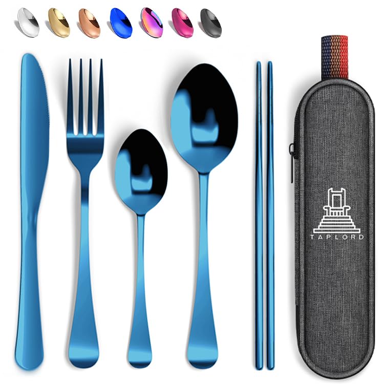 Taplord Portable Travel Silverware Set With Case, Includes 5 Pcs of Travel Utensils With Case, Stainless Steel Flatware Set For Camping, Easy to Travel, Lightweight (Blue) - color: Blue, size: 5 Pieces