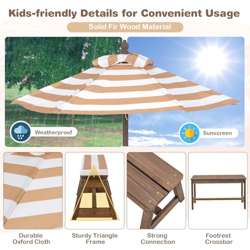 KOTEK Kids Picnic Table with Umbrella Foldable, Backyard Wooden Table & Bench Set w/Removable Cushions, Activity Art Play Table, Indoor Outdoor Toddler Picnic Table for Patio, Lawn & Garden (Brown) - color: Brown