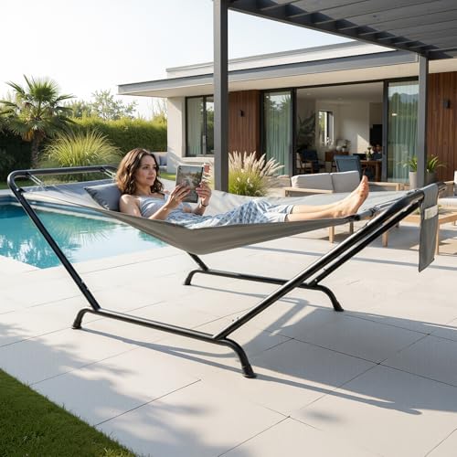 ONCLOUD Freestanding Hammock with Stand, 600LBS Heavy Duty Outdoor Hammock, Cofy Outdoor Hammock with Stand, Hammock Bed for Yard, Deck, Patio, Hammock with Soft Pillow & Storage Bag (Grey) - color: Grey