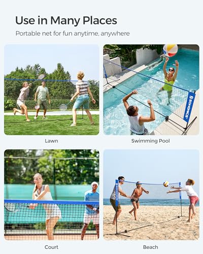 SONGMICS Badminton Net, Height Adjustable Volleyball Net, Pickleball Net for Junior Tennis, Kids, Indoor Outdoor Court, Foldable Nylon Net with Poles 10ft/13ft/16.5ft Wide - color: Blue, size: 13FT
