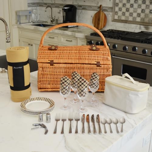 Picnic at Ascot Yorkshire Willow Picnic Basket with Service for 4 with Blanket - London Plaid
