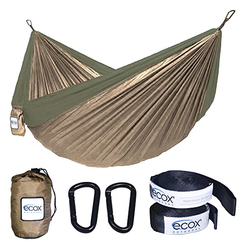 ecox Outdoors Parachute Hammock Single with 2 Tree Straps, Portable Lightweight Nylon Comfortable for Backpacking, Camping, Travel, Beach, Backyard, Patio, Hiking - color: Green-brown